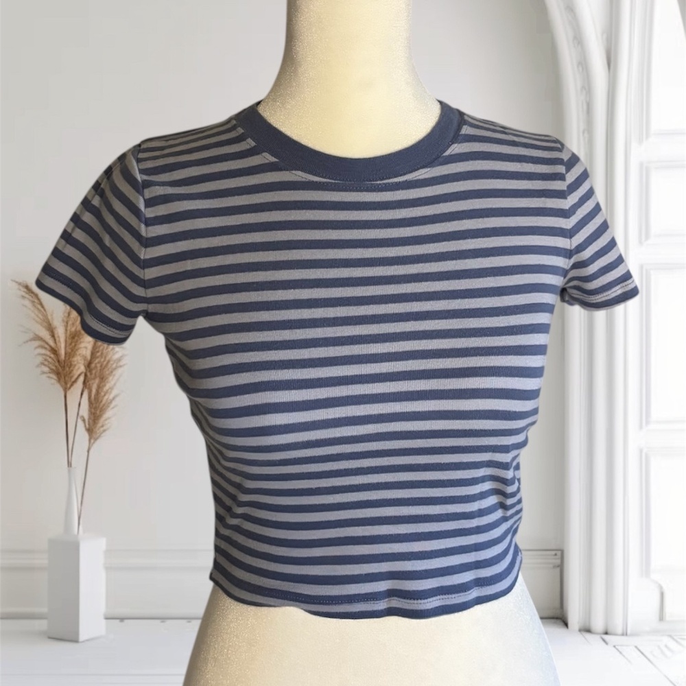 Navy & Gray Striped Ribbed Crop Top